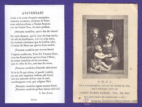 Postales: estampa recordatorio - 90 aniv. carme duran rabaso, vda de mas - ed. subirana- a&ntilde;o 1950