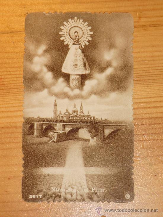 Postales: Peque&ntilde;a estampa con Virgen del Pilar con Bas&iacute;lica Zaragoza