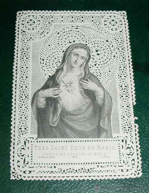 Cartoline: ANTIGUA ESTAMPA BORDADA Y CALADA - SANTISIMO CORAZON DE MARIA - HOLY CARD LACE - FINALES S. XIX PRIN