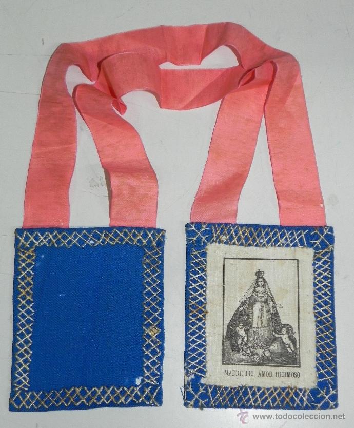 Postales: ANTIGUO ESCAPULARIO MADRE DEL AMOR HERMOSO - GRABADO IMPRESO EN SEDA,SIGLO XIX. MIDE CADA PIEZA 11,5