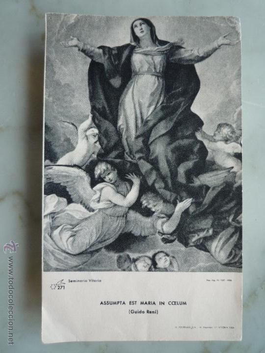 Postkarten: Estampa antigua cromo *Virgen ASSUMPTA EST MARIA in Coelum* Seminario Vitoria. Fournier, 1958.