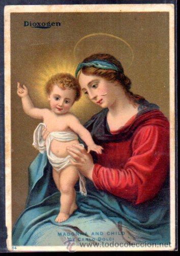 Cartoline: TARJETA POSTAL LA VIRGEN Y EL NI&Ntilde;O. CON PUBLICIDAD DE DIOXOGEN. AGUA OXIGENADA PURIFICADA