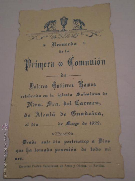 Postales: ANTIGUO RECORDATORIO 1&ordf; COMUNION.GUTIERRES RAMOS.NTRA SRA DEL CARMEN,ALCALA DE GUADAIRA,SEVILLA.1922