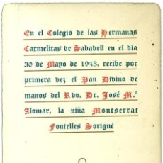 Postales: POSTAL RECUERDO 1ª COMUNION COLEGIO HERMANAS CARMELITAS DE SABADELL 1943 VIRGEN DE MONTSERRAT. Lote 47671050
