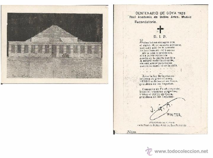 Postais: Recordatorio Cent. Goya 1928 firmada JGA Pintor Academia Bellas Artes San Fernando