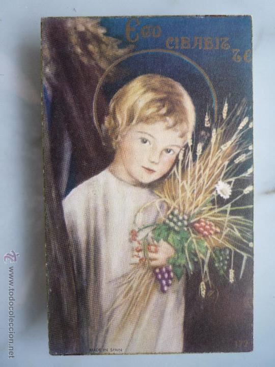 Postales: 1940 - Antigua Estampa *EGO CIBABIT TE* Ni&ntilde;o Jes&uacute;s con ramo de flores / Reverso en blanco