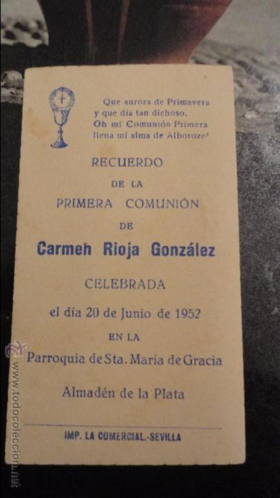 Postales: RECUERDO 1&ordf; COMUNION.CARMEN RIOJA GONZALEZ.ALMADEN DE LA PLATA.SEVILLA.1952