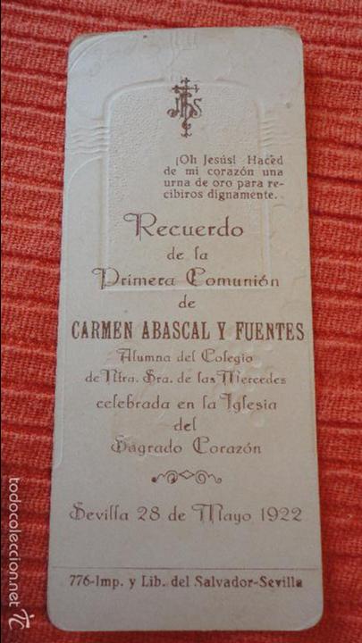 Postales: RECUERDO PRIMERA COMUNION CARMEN ABASCAL Y FUENTES.SEVILLA.1922