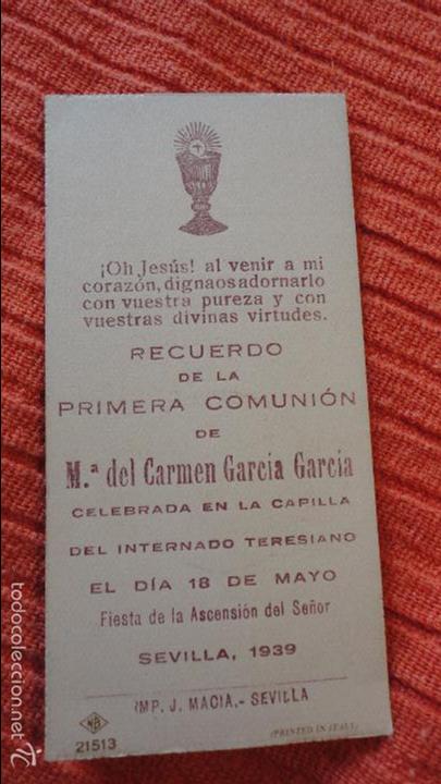 Postales: RECUERDO PRIMERA COMUNION M&ordf; DEL CARMEN GARCIA GARCIA.SEVILLA.1939