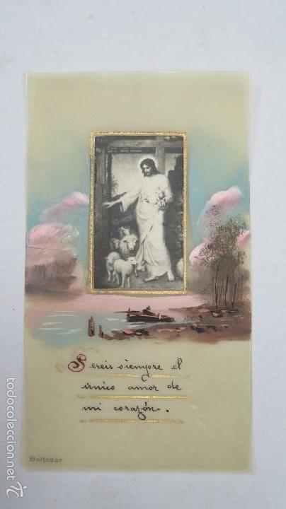 Cartoline: ANTIGUA Y BONITA ESTAMPA DE JESUS PINTADA Y DORADA A MANO. BALTASAR