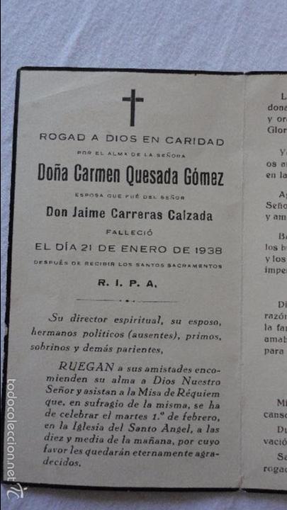 Postales: ANTIGUO RECORDATORIO FUNERAL.CARMEN QUESADA GOMEZ.SEVILLA? 1938.