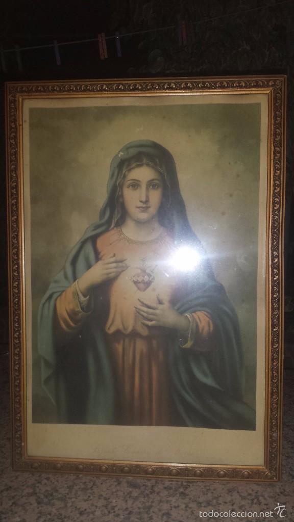 Cartes Postales: antiguo marco de madera con estampa de la virgen, preciosa