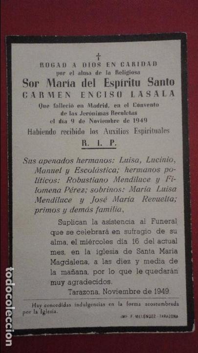 Postkarten: RECUERDO FUNERAL.RELIGIOSA SOR MARIA ESPIRITU SANTO.CARMEN ENCISO LASALA.TARAZONA.1949