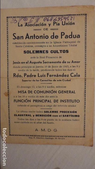 Postales: ASOCIACION Y PIA UNION SAN ANTONIO DE PADUA.SOLEMNES CULTOS.LUIS FERNANDEZ CALA.SEVILLA.1943