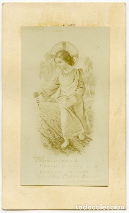 Postales: Estampa Ni&ntilde;o Jes&uacute;s con leyenda en franc&eacute;s. 9,3x5 cm.