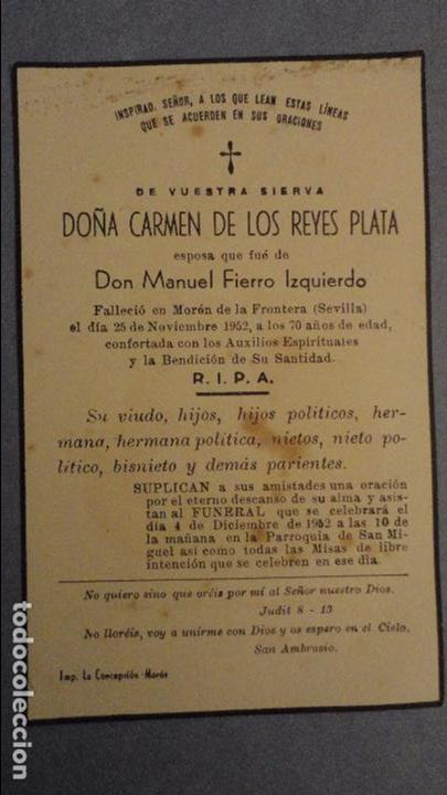 Postales: RECUERDO FUNERAL.D&ordf; CARMEN DE LOS REYES PLATA.MORON DE LA FRONTERA.SEVILLA.1952