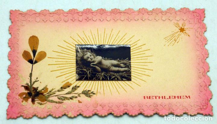 Postales: Estampa troquelada Bethlehem Bel&eacute;n Ni&ntilde;o Jes&uacute;s con Flores Tierra Santa