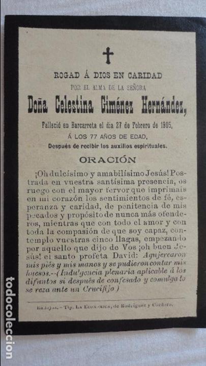 Postales: RECUERDO FUNERAL.D&ordf; CELESTINA GIMENEZ HERNANDEZ.BARCARROTA.BADAJOZ 1905