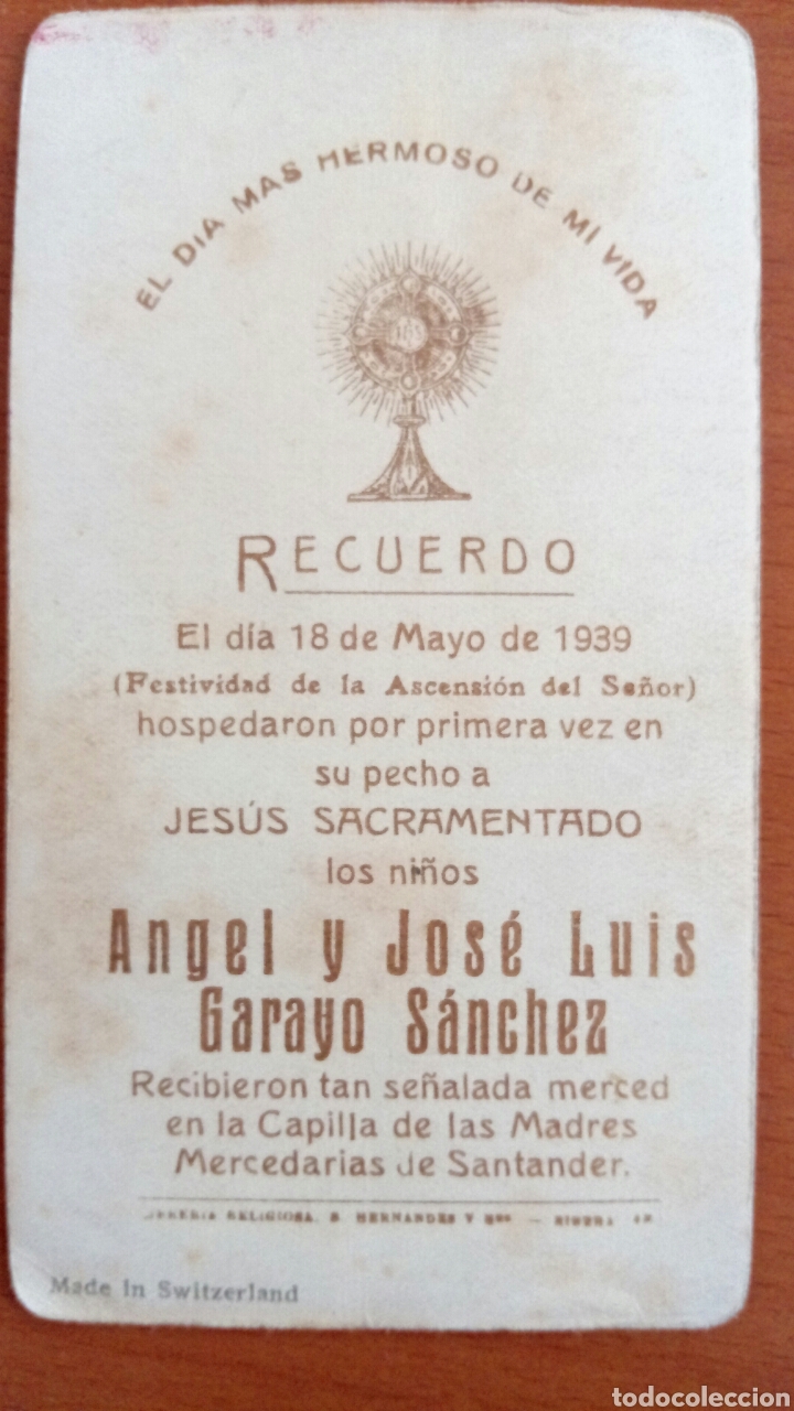 Postales: Recordatorio de primera comuni&oacute;n. Santander. 1939 - Foto 2