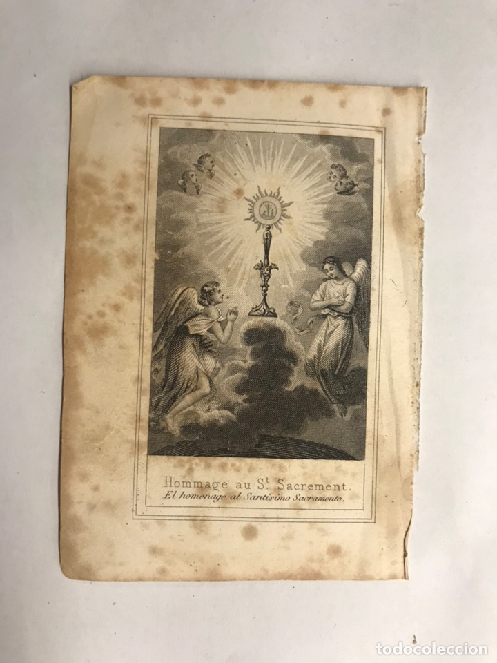 Postales: Litograf&iacute;a EL HOMENAJE AL SANT&Iacute;SIMO SACRAMENTO. hoja suelta de peque&ntilde;o Misal (fin Siglo XIX)