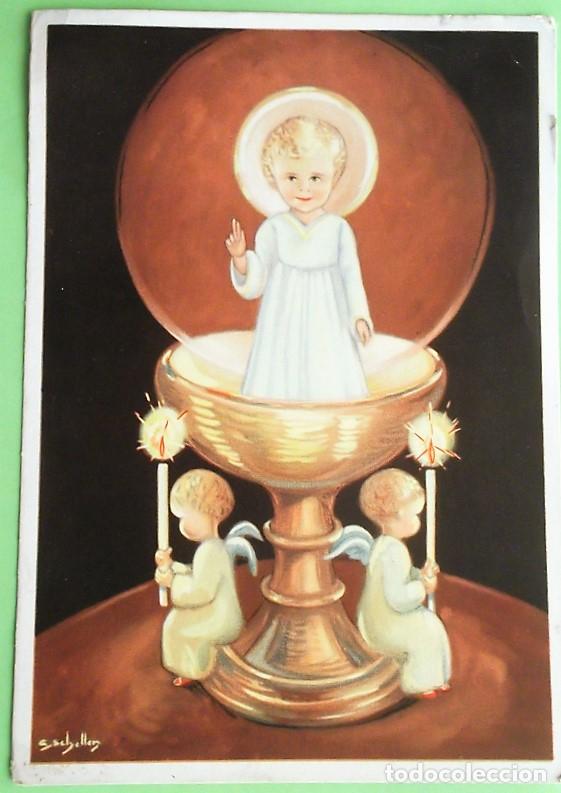 Postales: Ni&ntilde;o Jes&uacute;s dentro de c&aacute;liz y &aacute;ngeles con velas encendidas. Nueva. Color