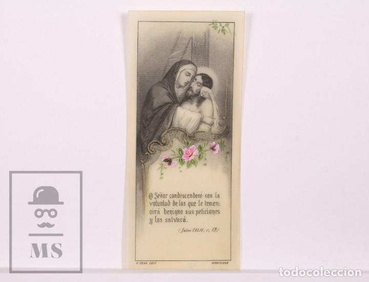 Cartes Postales: Antigua Estampa Religiosa de Celuloide - Virgen Mar&iacute;a y Jes&uacute;s - Principios Siglo XX - Pintada a Mano