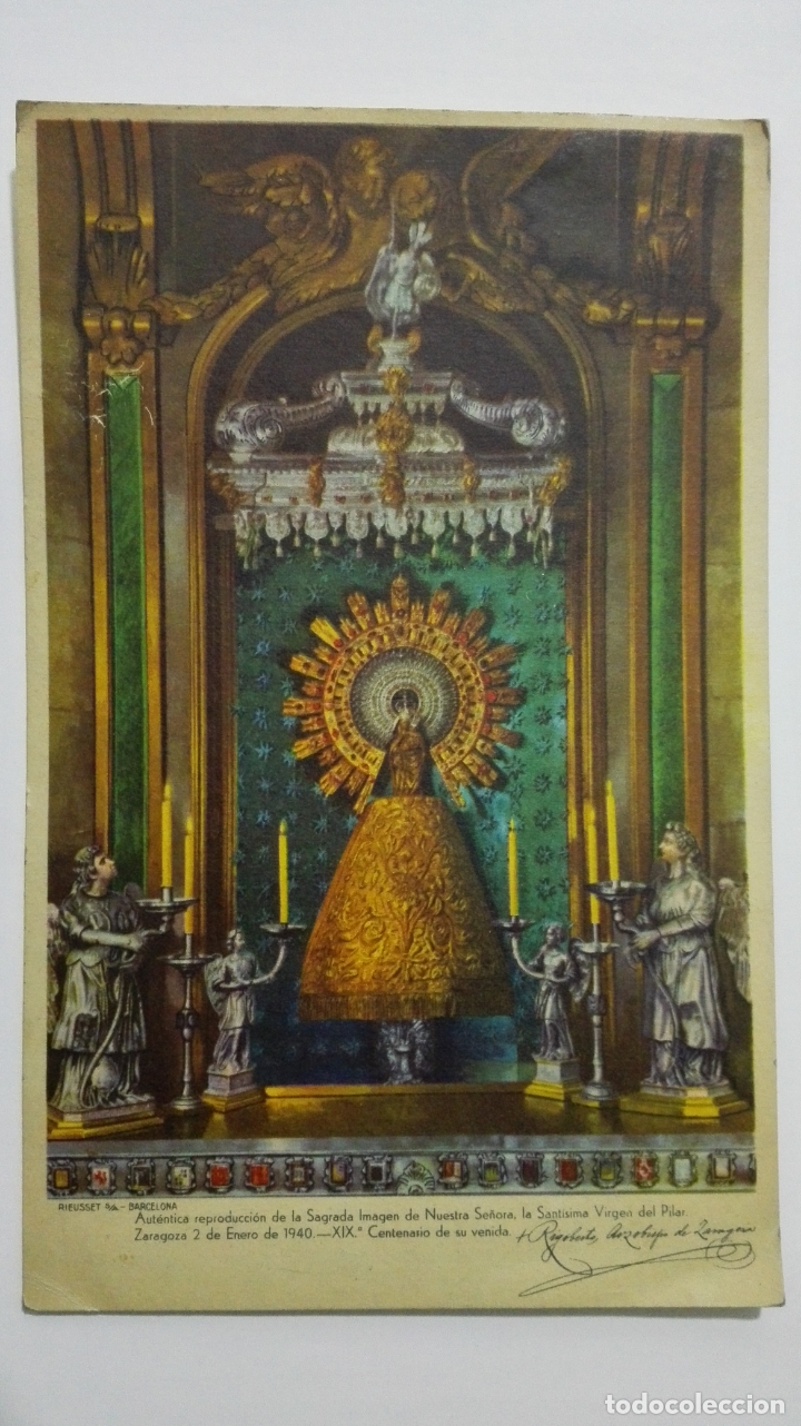 Postales: POSTAL AUTENTICA REPRODUCCION DE LA SAGRADA IMAGEN DE LA VIRGEN DEL PILAR, A&Ntilde;OS 40, CIRCULADA