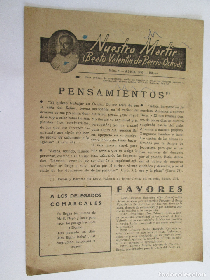 Postales: HOJA RELIGIOSA - NUESTRO MARTIR - BEATO VALENTIN DE BERRIO - OCHOA - 1955 - N&ordm; 4 - BILBAO