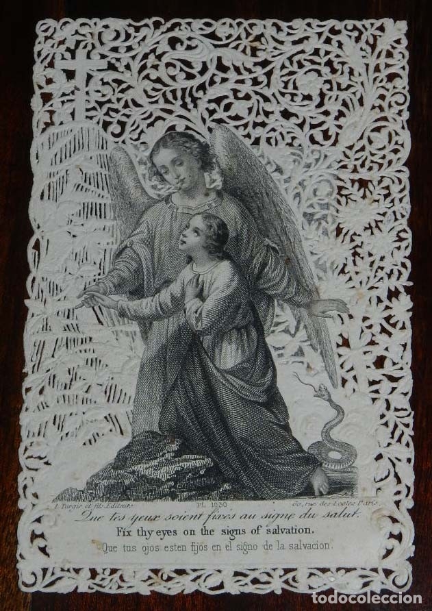 Cartes Postales: ESTAMPA CALADA, QUE TUS OJOS ESTEN FIJOS EN EL DIGNO DE LA SALVACION, REVERSO ESCRITO EN 1938, MIDE