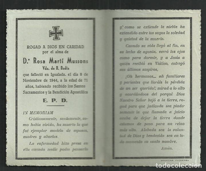 Postales: RECORDATORIO DEFUNCION. IGUALADA 1944 - Foto 2