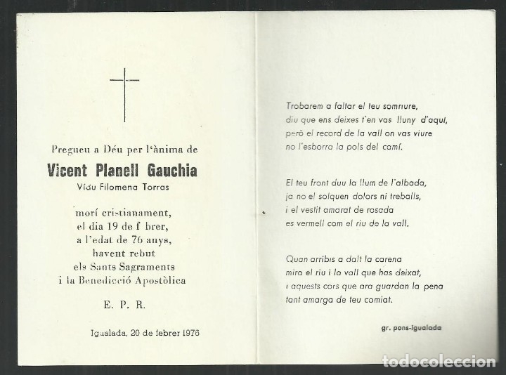 Postales: RECORDATORIO DEFUNCION. IGUALADA 1976 - Foto 2