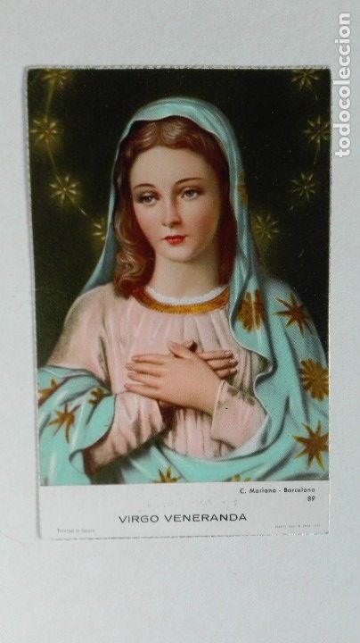 Postais: ESTAMPA VIRGO VENERADA. RECUERDO BODAS DE ORO DE MATRIMONIO PADRES DE RELIGIOSA. LINARES, 1970