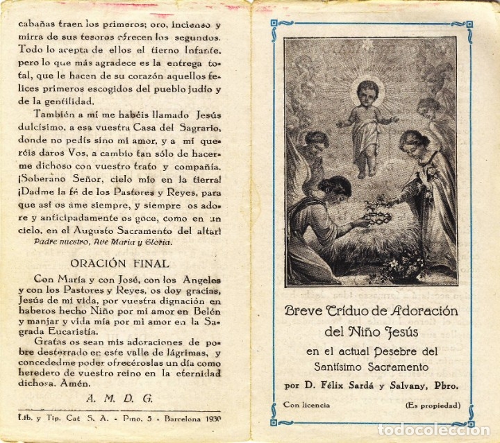 Postales: BREVE TRIDUO DE ADORACI&Oacute;N AL NI&Ntilde;O JES&Uacute;S.- ED. LIB. C.PINO.-BARCELONA.- 1930-