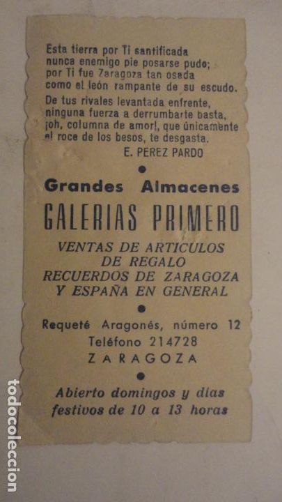 Postales: ANTIGUA ESTAMPA.PUBLICIDAD.GALERIAS PRIMERO.ARTICULOS REGALO.VIRGEN DEL PILAR.ZARAGOZA