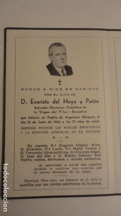 Postales: RECUERDO FUNERAL.D.EVARISTO DEL HOYO Y PATON.CABALLERO VIRGEN PILAR.PUEBLA ARGANZON.BURGOS 1944