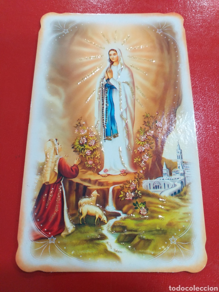 Postales: Bonita estampa de la Virgen de Lourdes con brillo en polaco