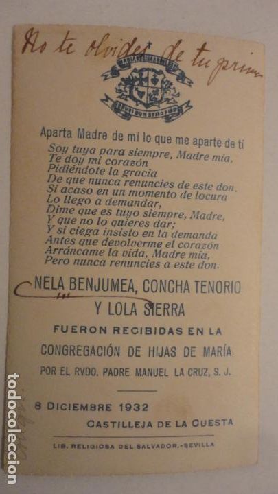Postales: CONGREGACION HIJAS DE MARIA. NELA BENJUMEA. CONSUELO TENORIO. DOLORES SIERRA. CASTILLEJA CUESTA 1932
