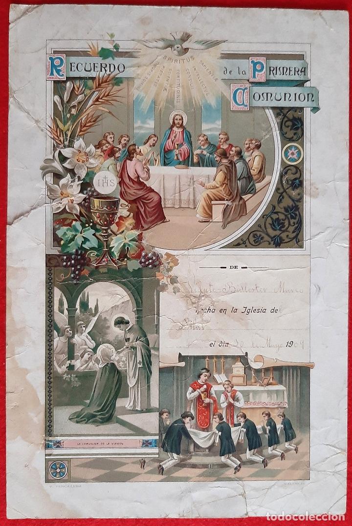 Postkarten: GRAN ESTAMPA RECUERDO PRIMERA COMUNION 1909 CROMOLITOGRAFIA MIDE 20 X 28 CMS. ORIGINAL , F11