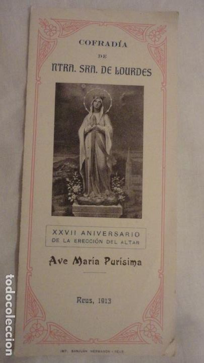 Postales: COFRAFIA VIRGEN DE LOURDES.XXVII ANIVERSARIO ERECCION ALTAR.PARROQUIA PURISIMA SANGRE.REUS 1913