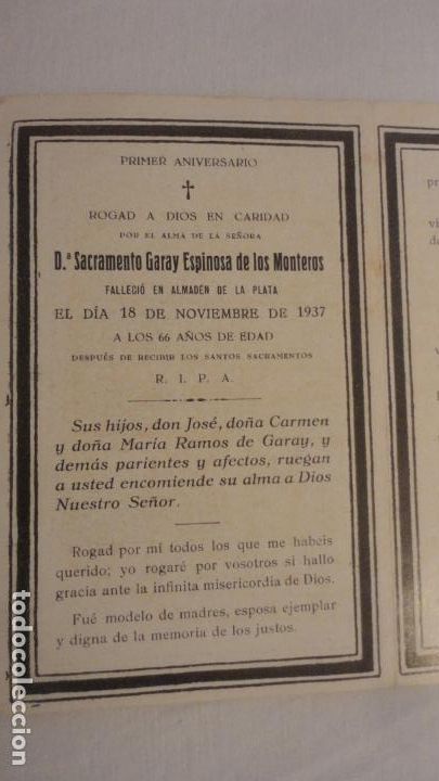 Postales: RECUERDO FUNERAL.D&ordf; SACRAMENTO GARAY ESPINOSA DE LOS MONTEROS. ALMADEN DE LA PLATA. SEVILLA 1937