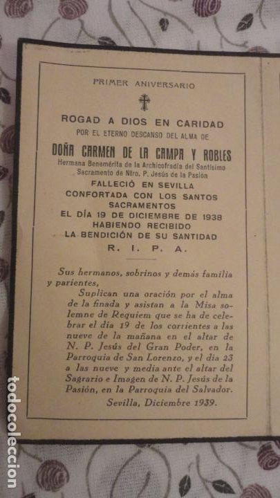 Postales: RECUERDO FUNERAL.D&ordf; CARMEN DE LA CAMPA Y ROBLES.ARCHICOFRADIA JESUS DE LA PASION.SEVILLA 1938.
