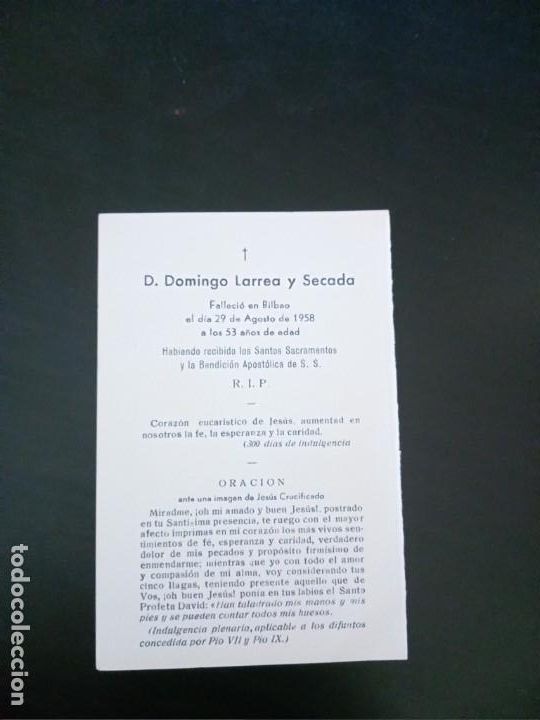 Postales: Recordatorio Domingo Larrea Secada Bilbao 1958 - Foto 1