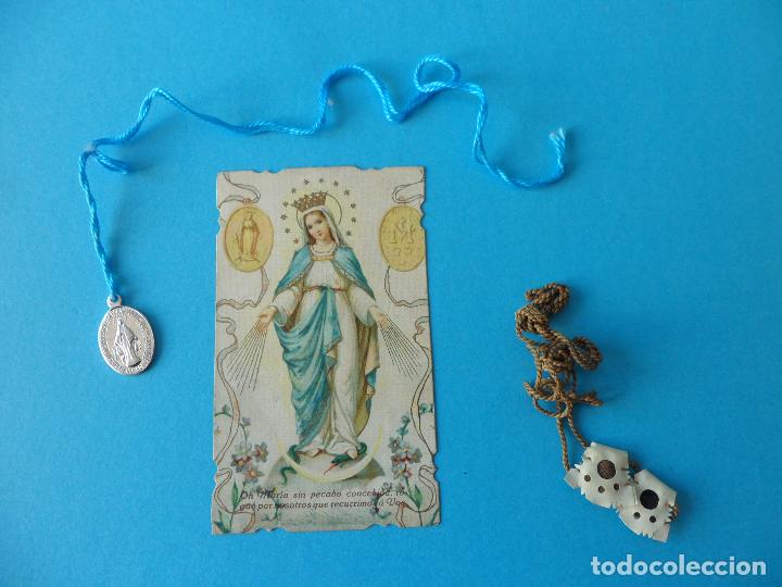 Postales: Estampa troquelada y medalla de la Inmaculada Concepci&oacute;n y Antiguo Escapulario