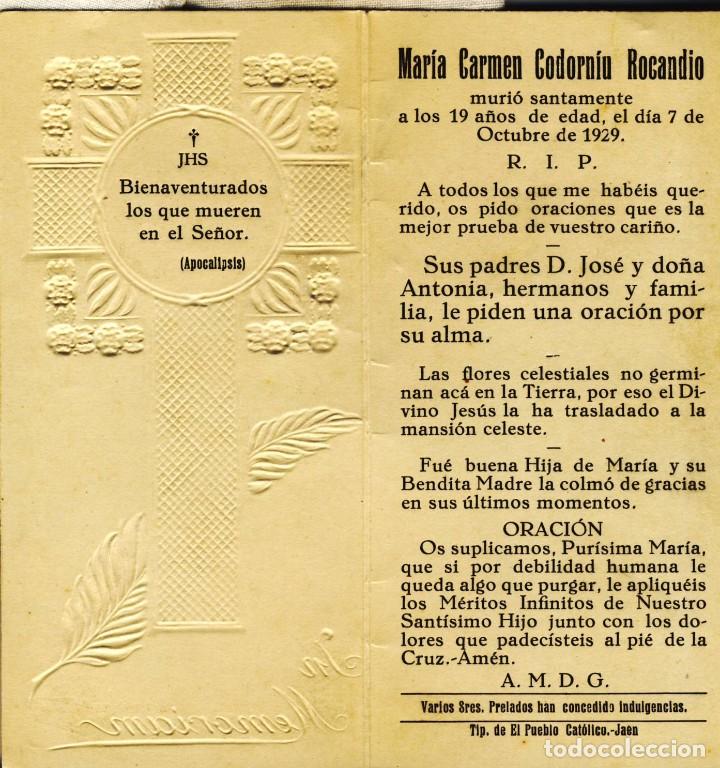 Postales: RECORDATORIO DE MARIA CARMEN CODORN&Iacute;U ROCANDIO.- FALLECI&Oacute; EL 7 OCTUBRE DE 1929 A LOS 19 A&Ntilde;OS.-