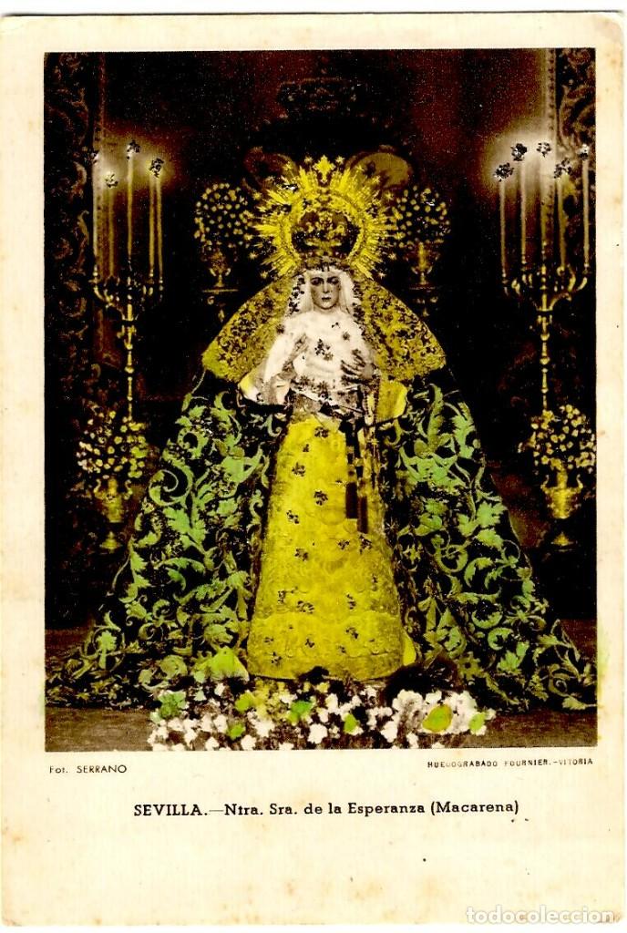 Cartoline: Sevilla - Ntra.Sra. de la Esperanza (Macarena) - F. Serrano coloreada, purpurina Fournier -141x91mm.