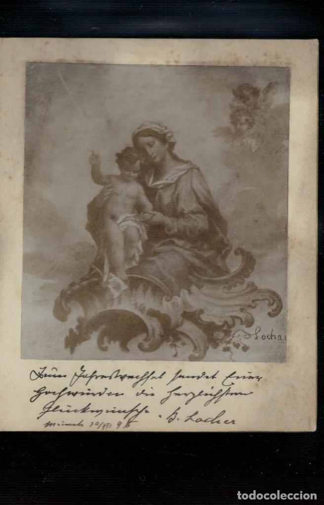 Postales: Estampa de la Virgen con el ni&ntilde;o Jes&uacute;s. / B. Locher 1895. Firma y dedicatoria aut&oacute;grafa del autor