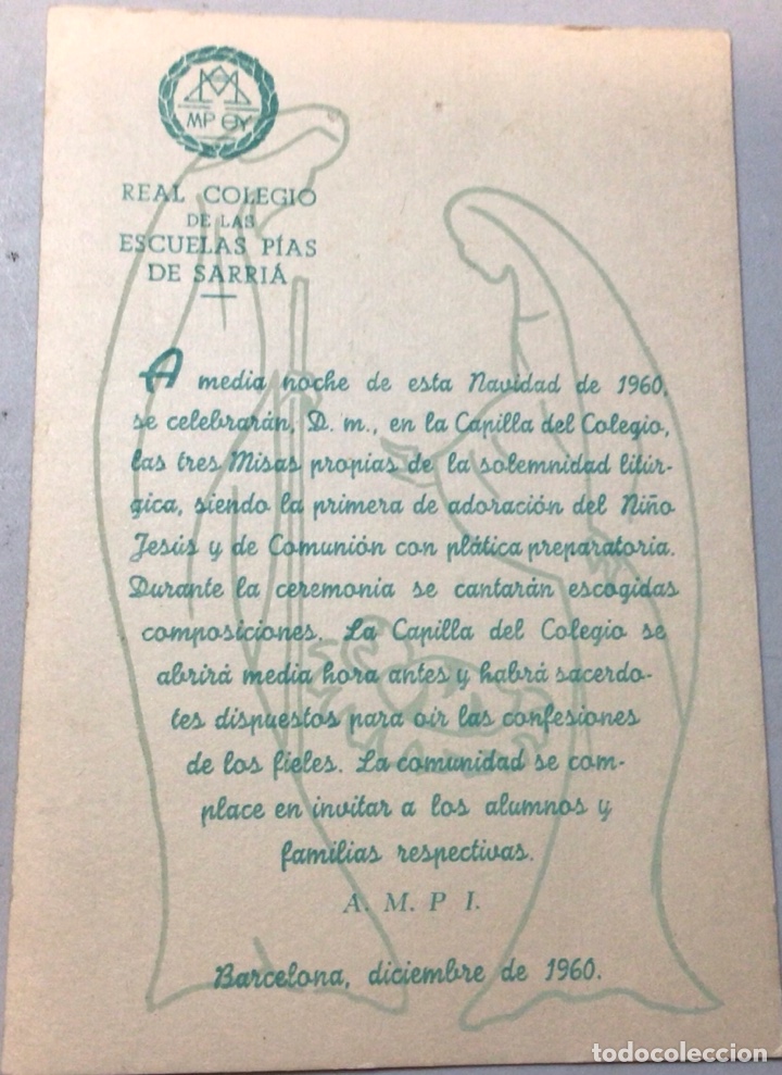 Postkarten: INVITACI&Oacute;N A LA MISA DEL GALLO. A&Ntilde;O 1960. REAL COLEGIO DE LAS ESCUELAS P&Iacute;AS DE SARRI&Aacute;