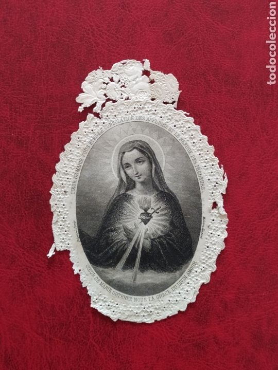 Postales: ESTAMPA S. XIX TROQUELADA PUNTILLAS SAGRADO CORAZ&Oacute;N DE MAR&Iacute;A - 9X6CM