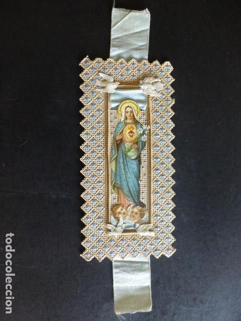 Cartoline: SAGRADO CORAZON DE MARIA ANTIGUA ESTAMPA SIGLO XIX HECHA A MANO CROMOS TROQUELADO Y SEDA