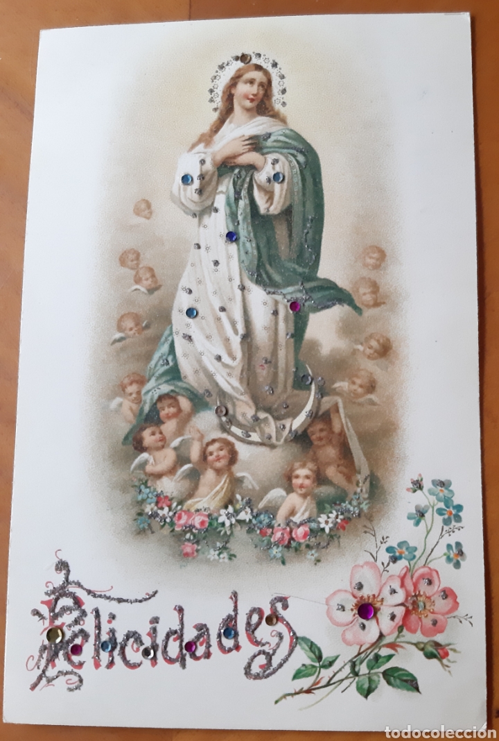 Postales: Postal Pur&iacute;sima Concepci&oacute;n con peque&ntilde;os abalorios. Escrita sin circular. R1271